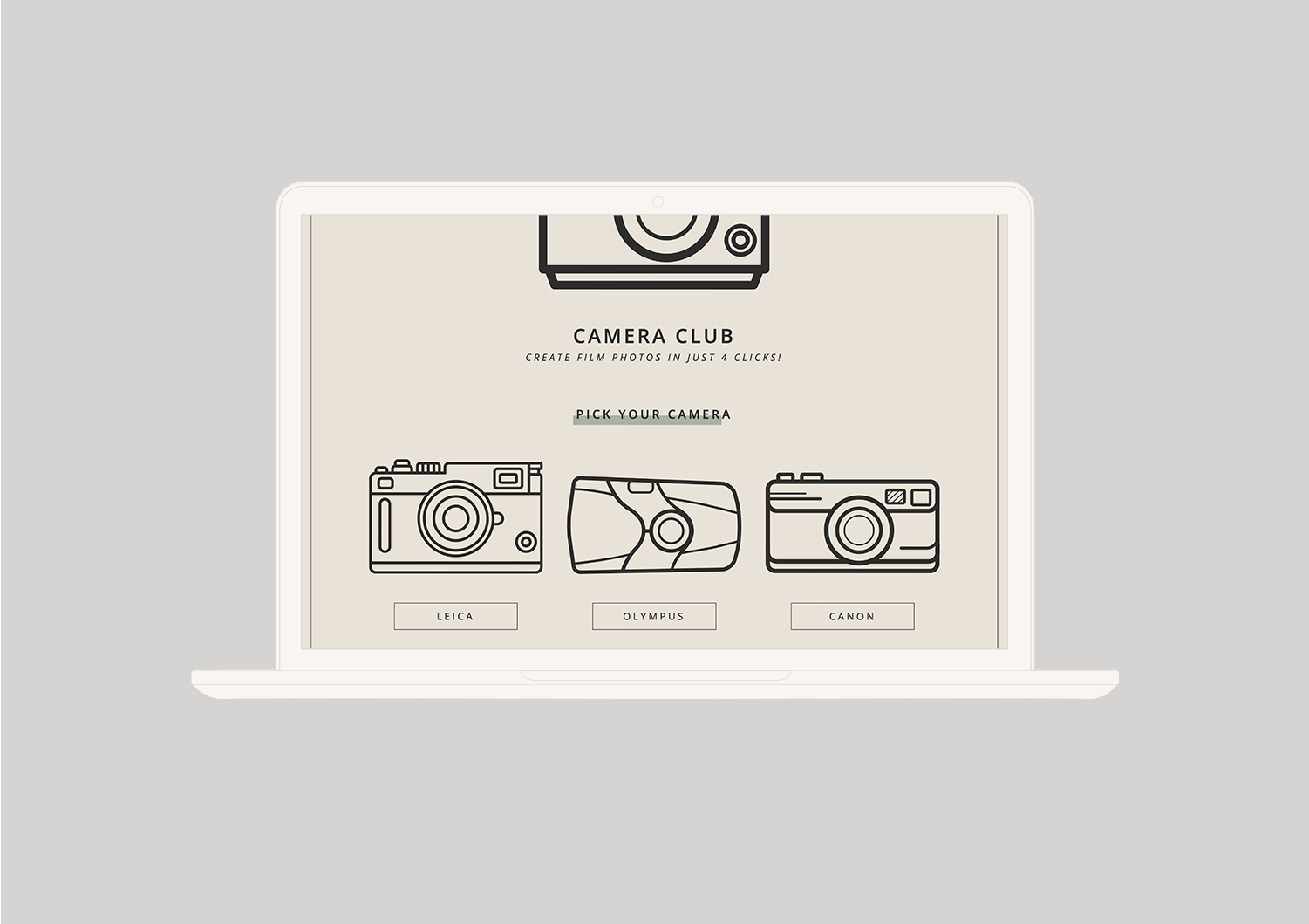 A digital mockup displaying the web application Camera Club on a laptop screen.