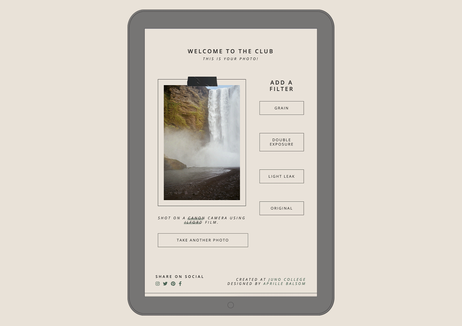 A mockup of Camera club on a tablet showing that it is a responsive application.