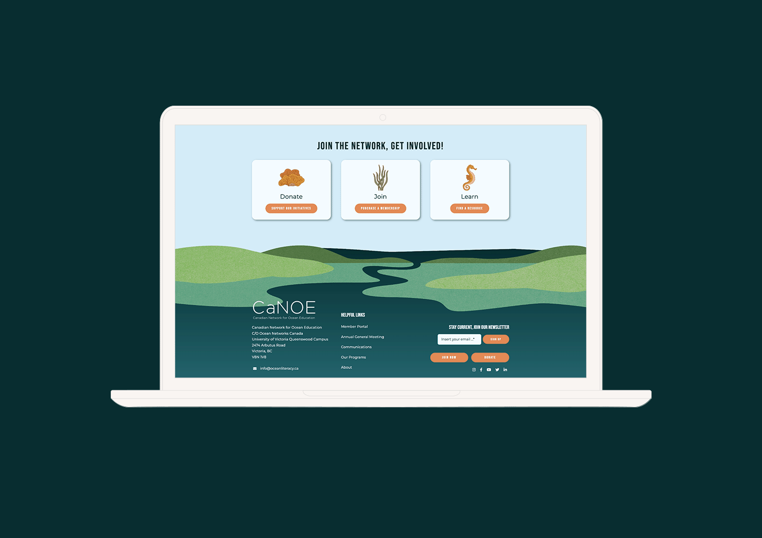 A mockup of the CaNOE website on a laptop.