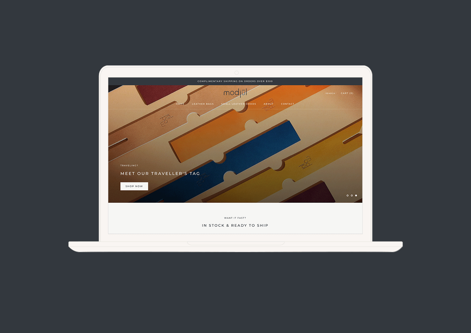 A digital mockup displaying the modjūl website on a laptop screen.