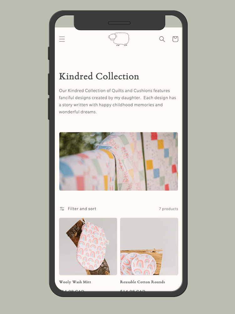 A digital mockup of the Wooly Top's website on a mobile device.