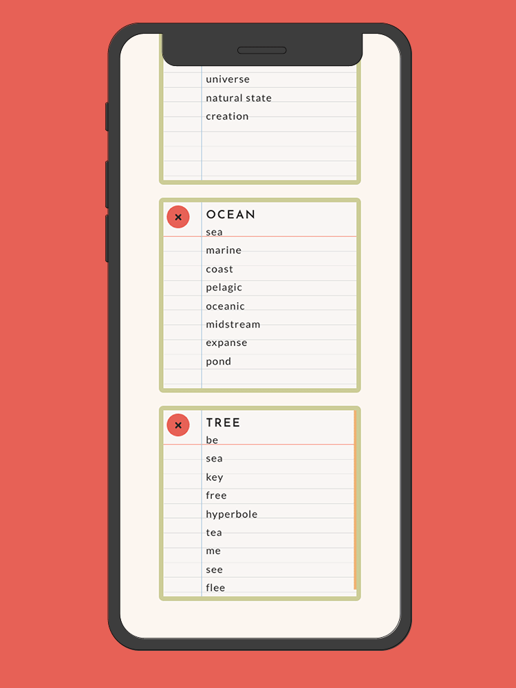 A digital mockup displaying some of the stored data using the Word Party application on a mobile device.